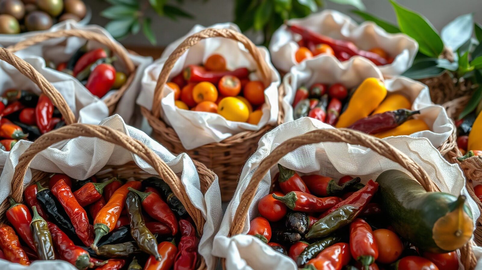 Des paniers d'épices, de piments et de fruits tropicaux sur un marché
