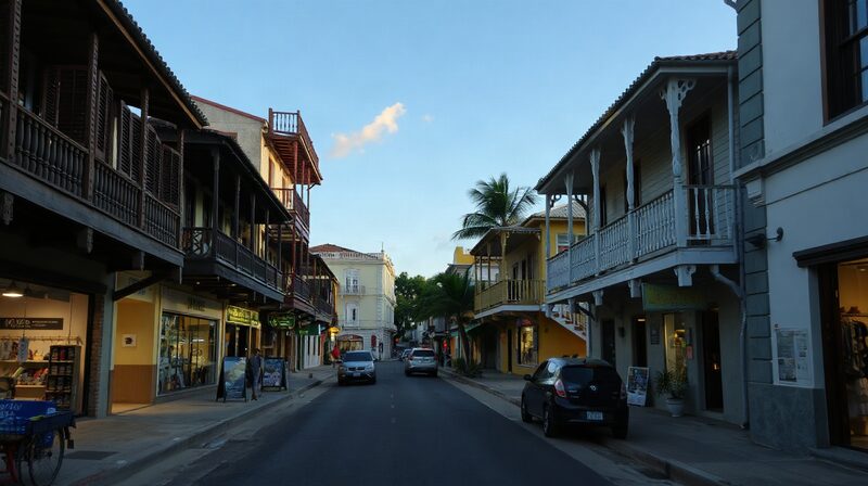 Une rue commerçante créole et ses maisons à galerie